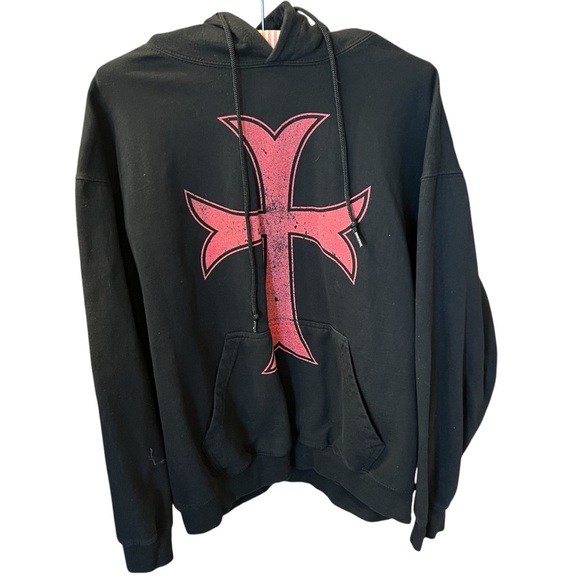 brisco Tops - BRISCO Black Hoodie with Pink Medieval Cross Pocket Cotton/Poly Goth Wom…